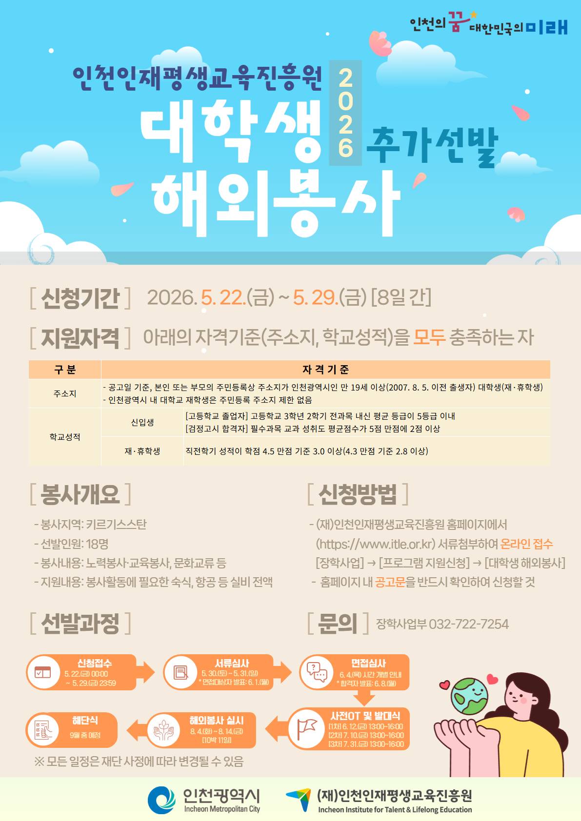 (추가 모집) 2026년도 인천인재평생교육진흥원 대학생 해외봉사 장학생 추가 선발 공고